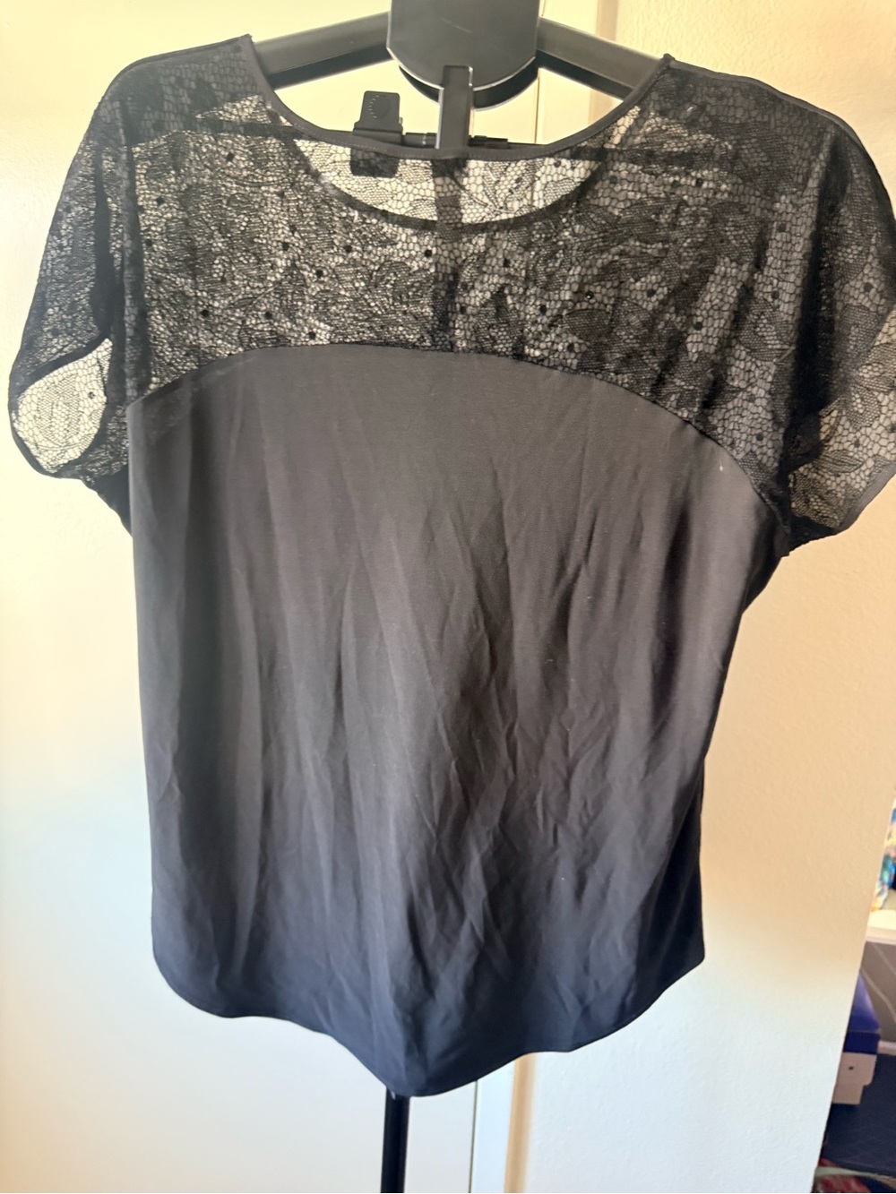 PerSeption Concept Black Lace Yoke Short Sleeve Blouse